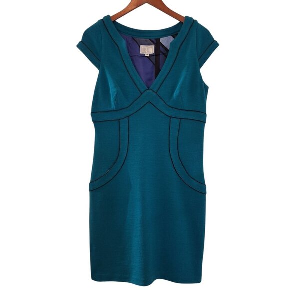 Alberto Makali Dresses & Skirts - Alberto Makali Blue Wool Blend Dress with Embellished Black Piping Accents Sz 12